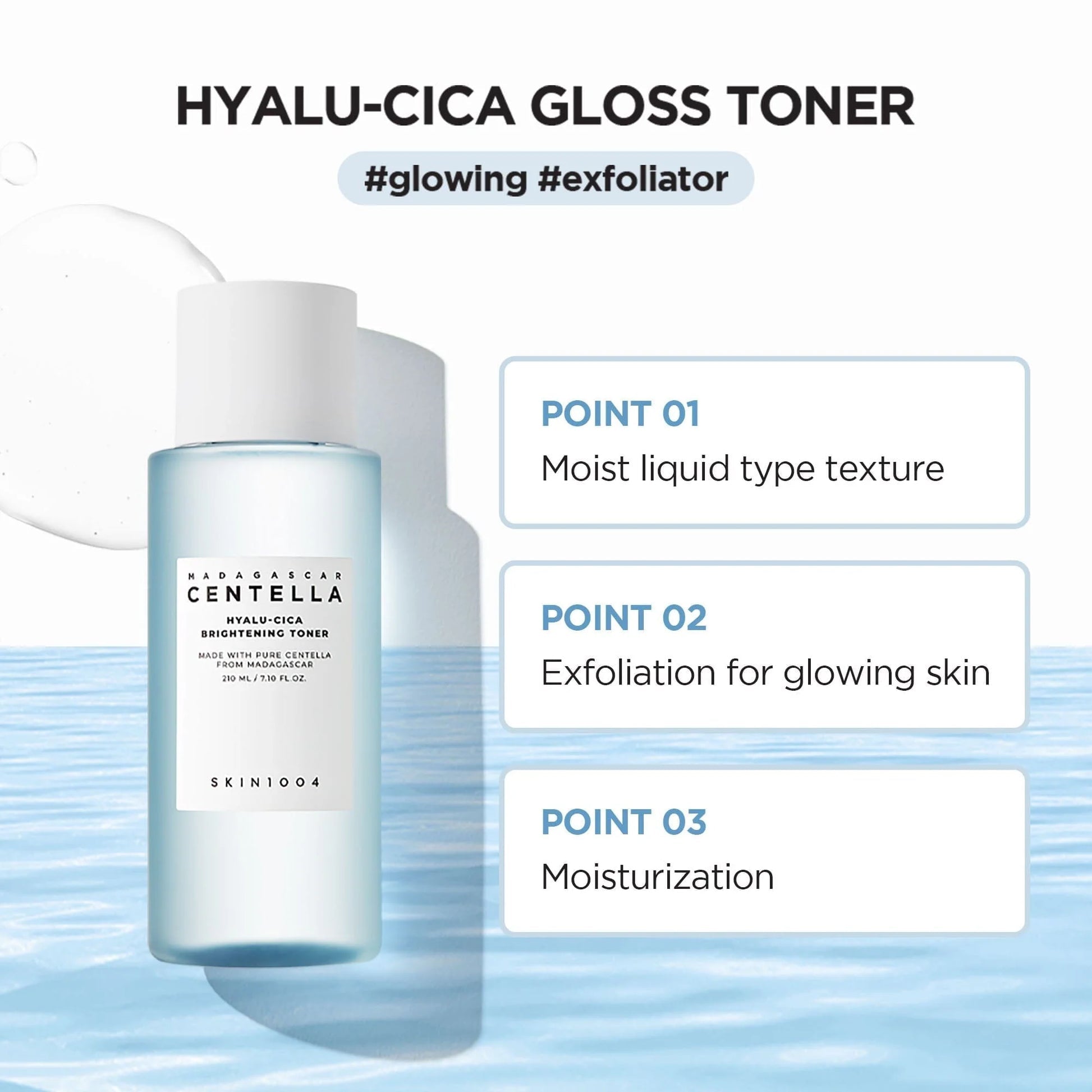SKIN1004 Hyalu-Cica Gloss Toner bottle with product features on a blue water background