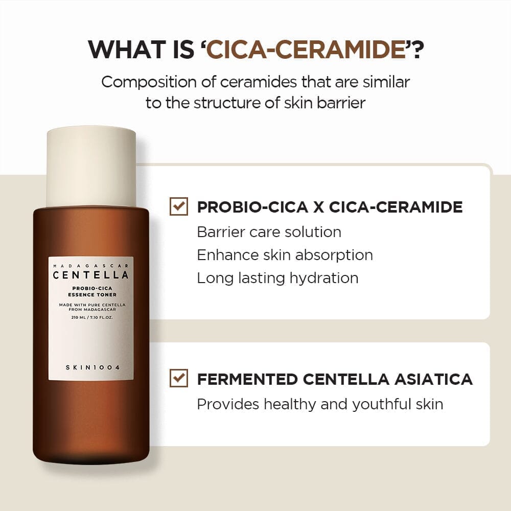 Bottle of skincare product with text about Cica-Ceramide and probio-cica on a beige background