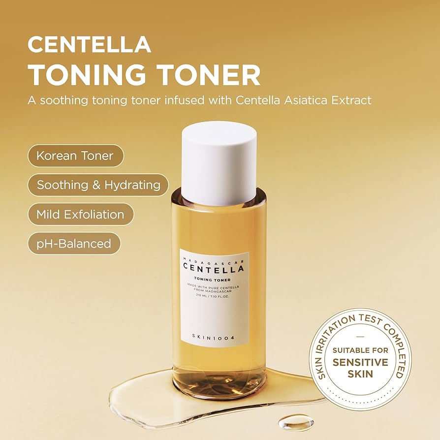 Centella toning toner bottle with product details on a gold background
