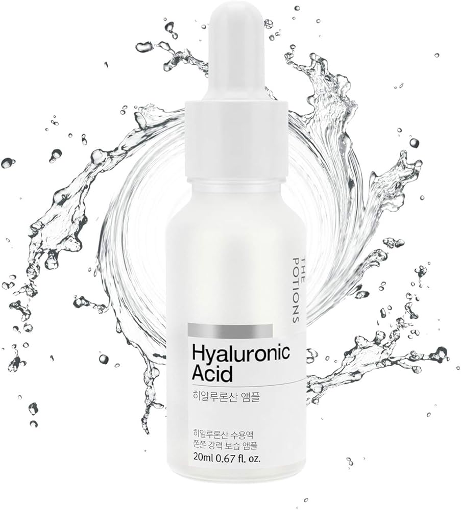 Skincare serum bottle labeled 'Hyaluronic Acid' with water droplets around it on a white background.
