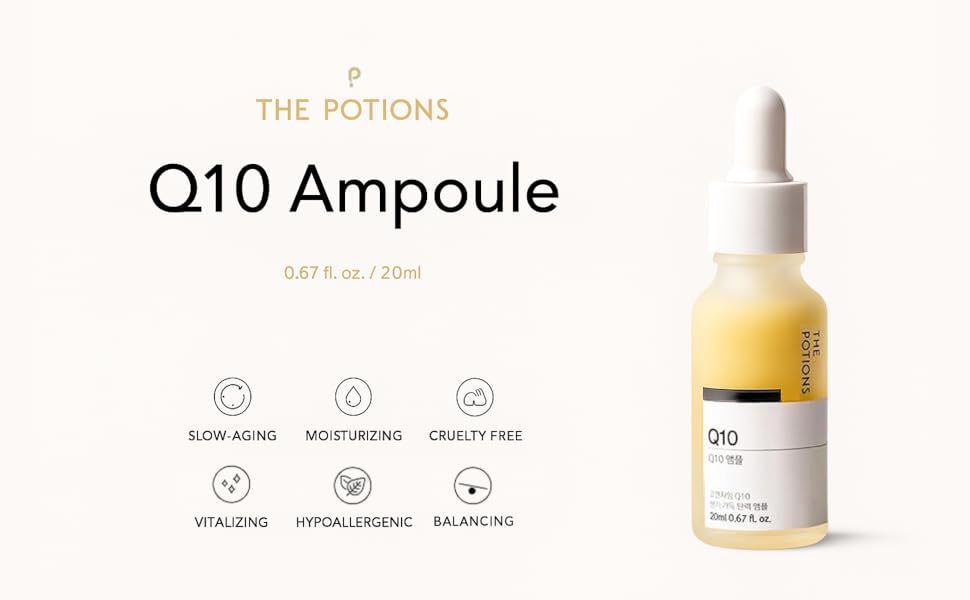 Q10 Ampoule bottle with product details on a white background