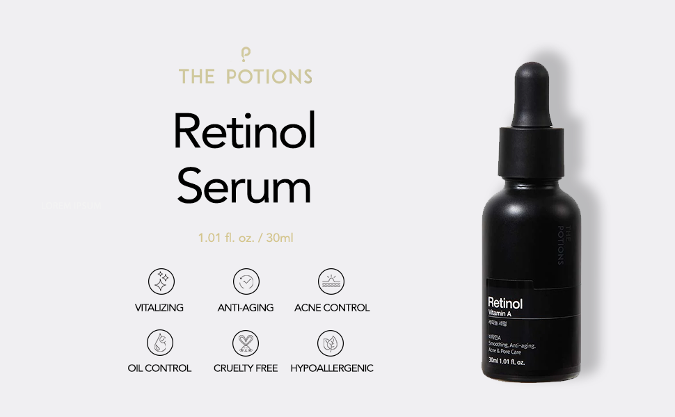 Black retinol serum bottle with dropper on a white background, featuring 'The Potions' brand.