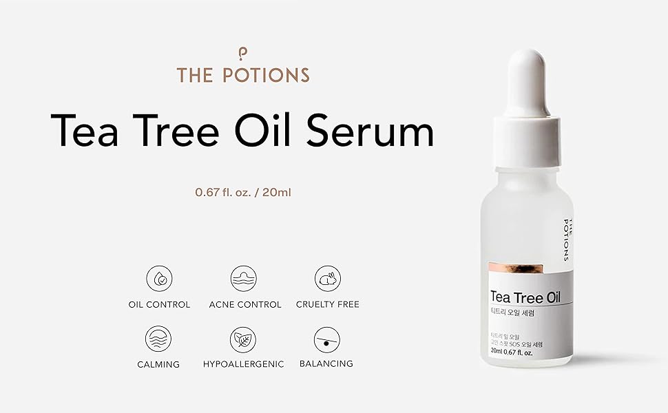 Tea Tree Oil Serum bottle with dropper on a white background, featuring 'The Potions' brand.