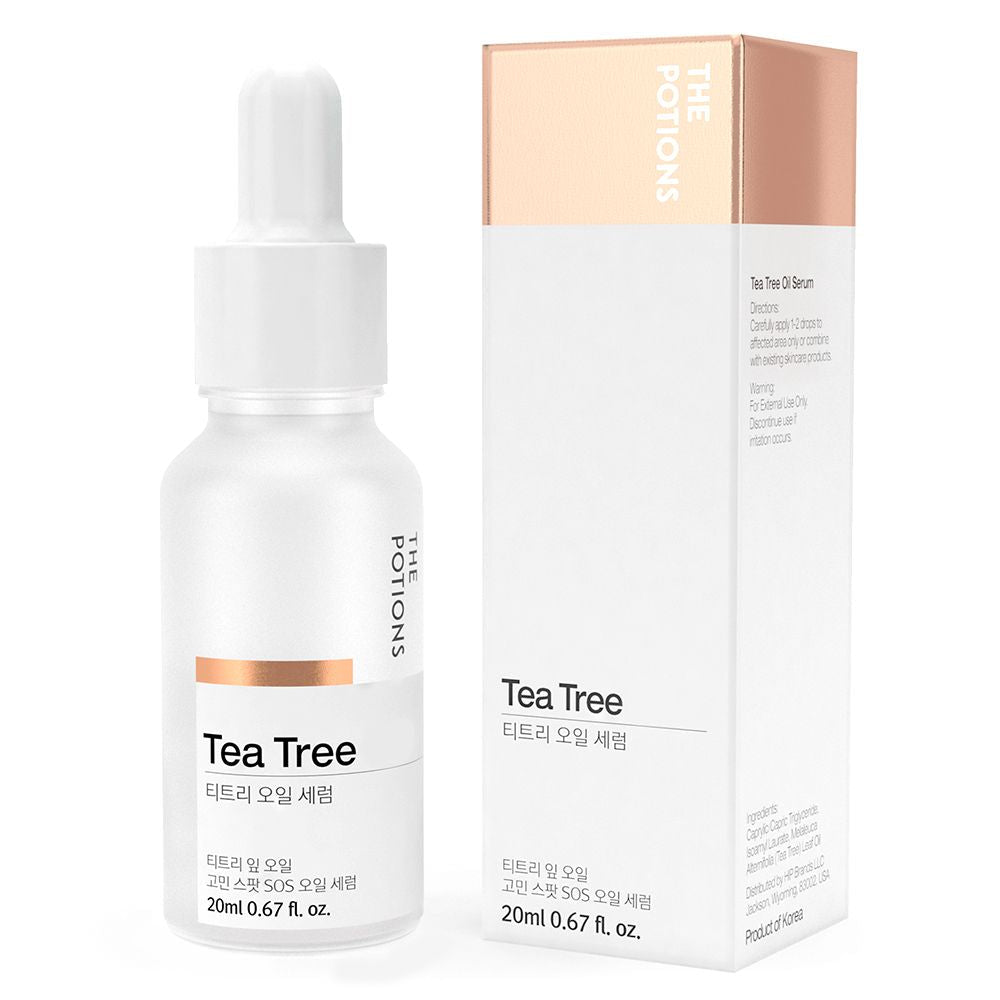 Tea Tree oil serum bottle and packaging on a white background