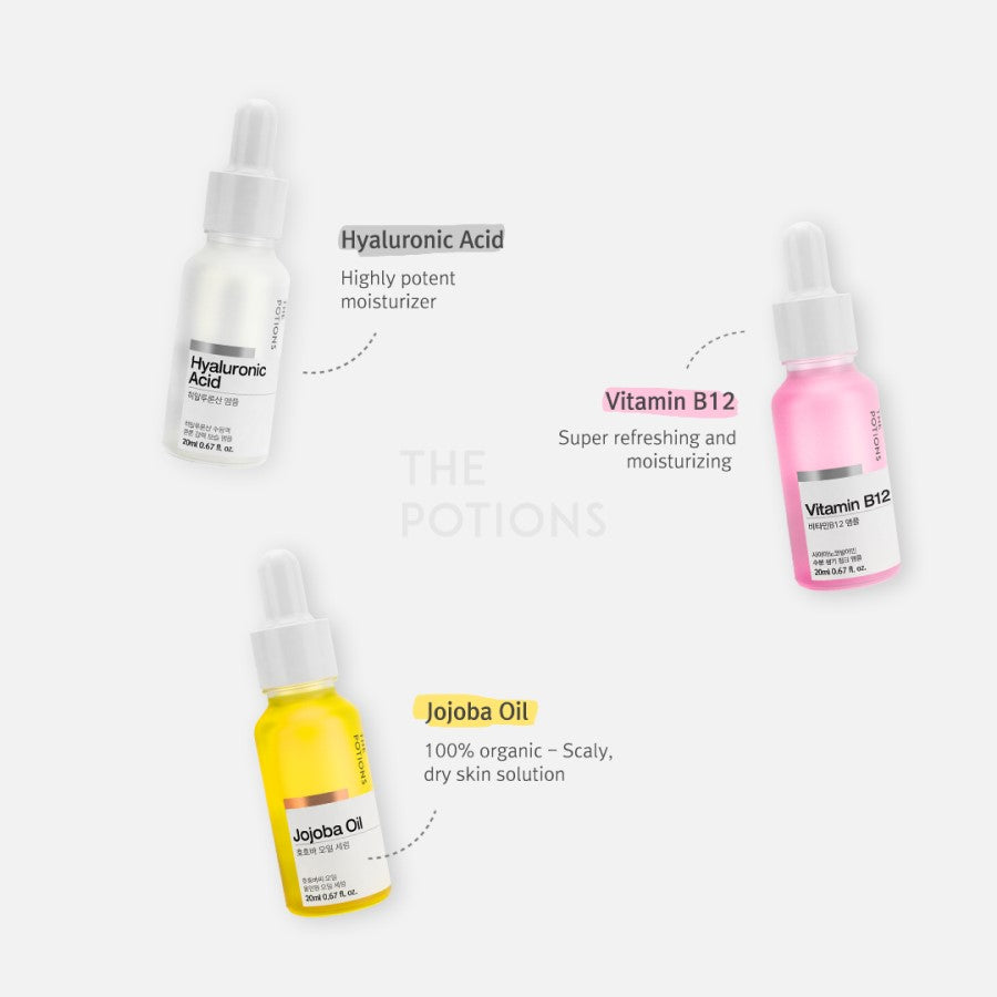 Three skincare bottles labeled Hyaluronic Acid, Vitamin B12, and Jojoba Oil on a white background.