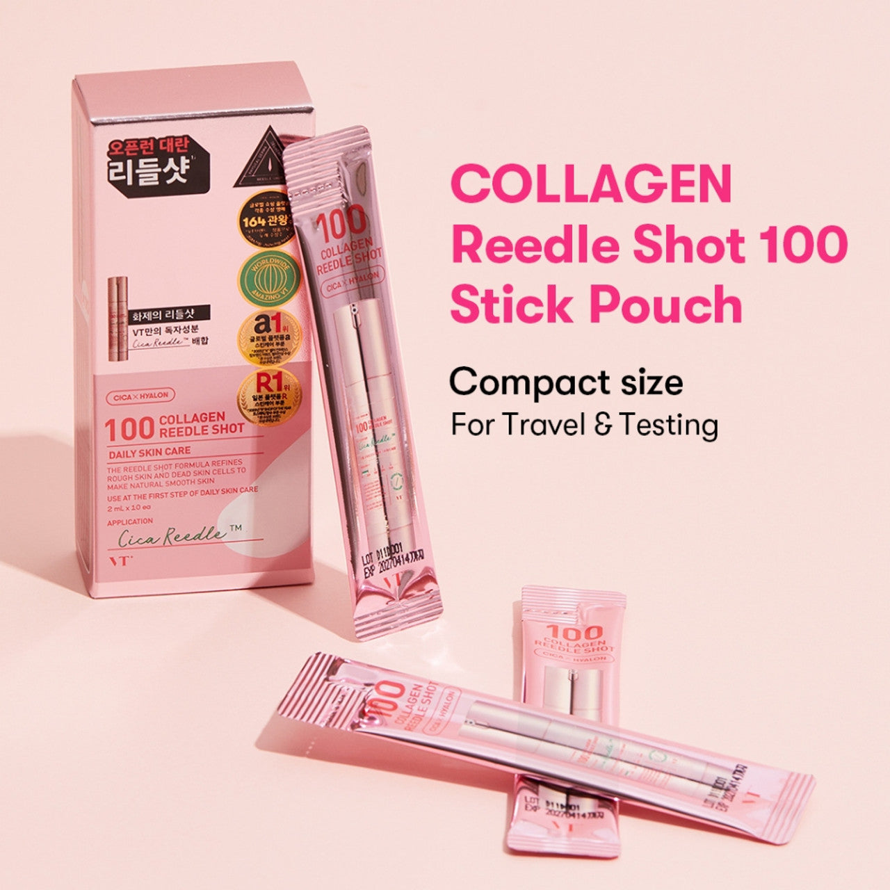 Collagen reedle shot packaging with pink background