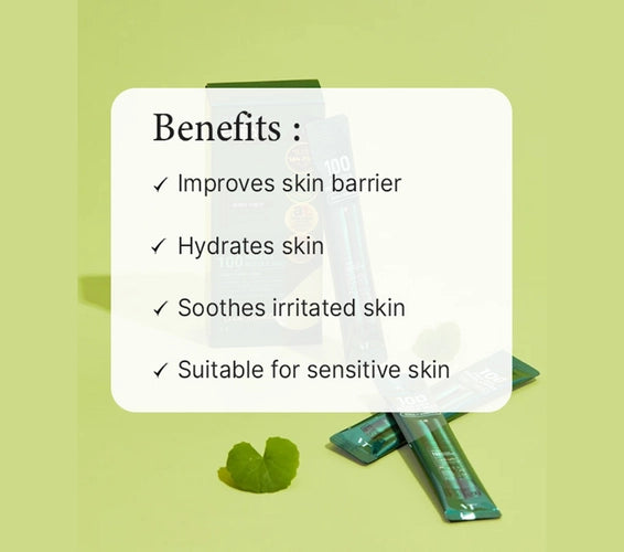 Product packaging with benefits listed on a green background