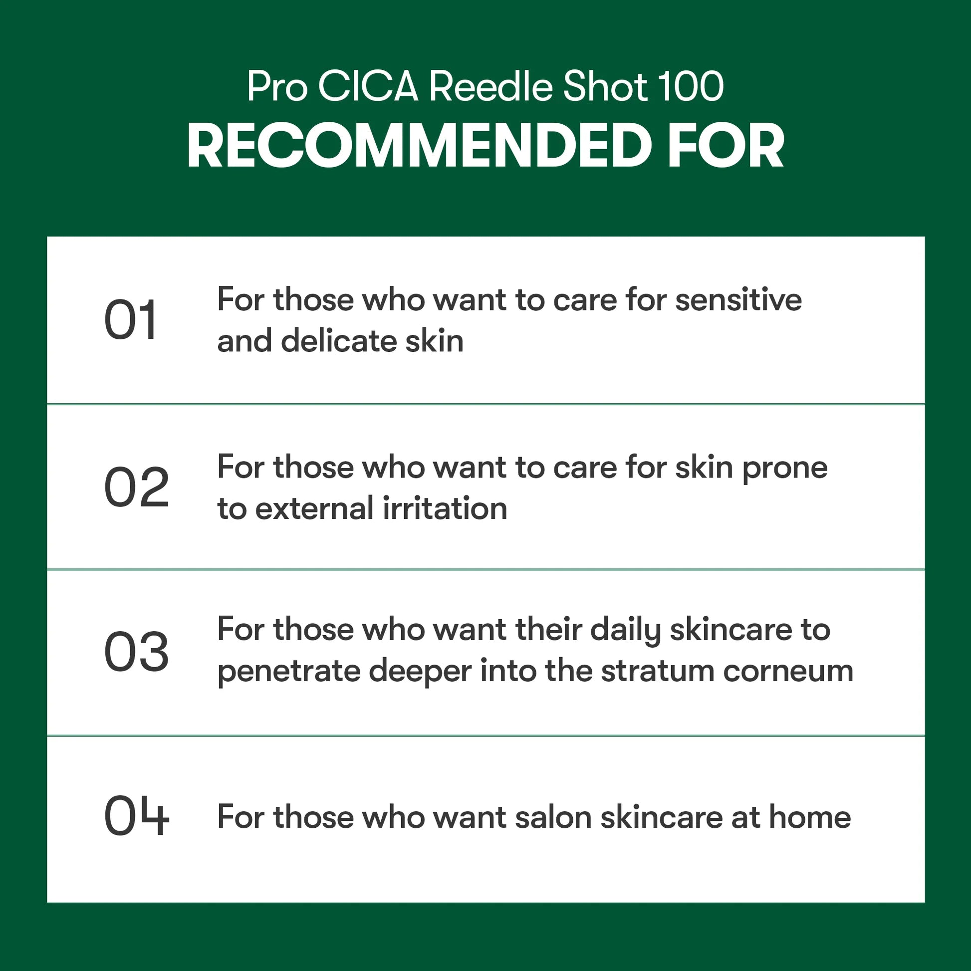 Text indicating the uses of Pro CICA Reedle Shot 100 on a green background