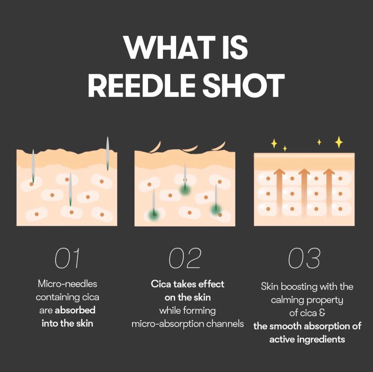 Diagram explaining the process of Reedle Shot with three steps on a dark background