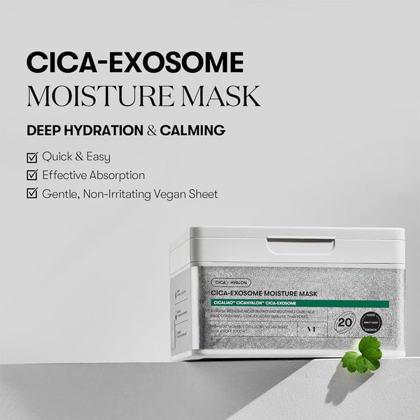 CICA-Exosome moisture mask packaging with text on a light gray background