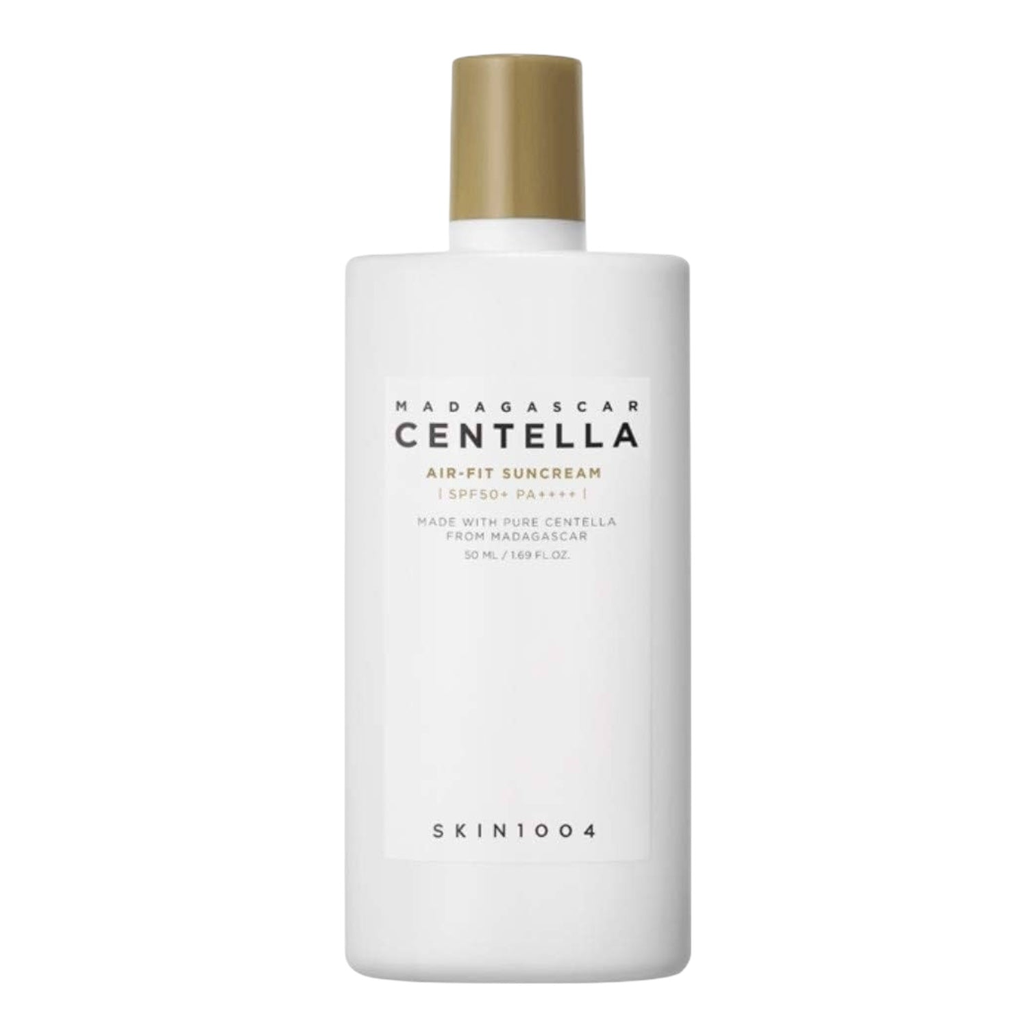 White bottle of Madagascar Centella Air Fit Suncream with gold cap on a white background