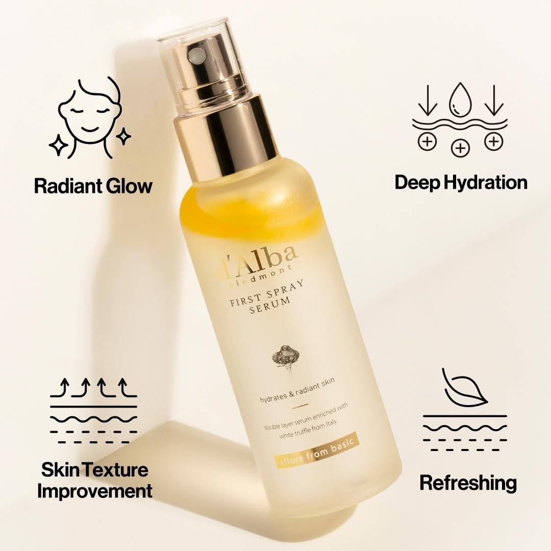 Alba First Spray Serum bottle with benefits listed on a light background